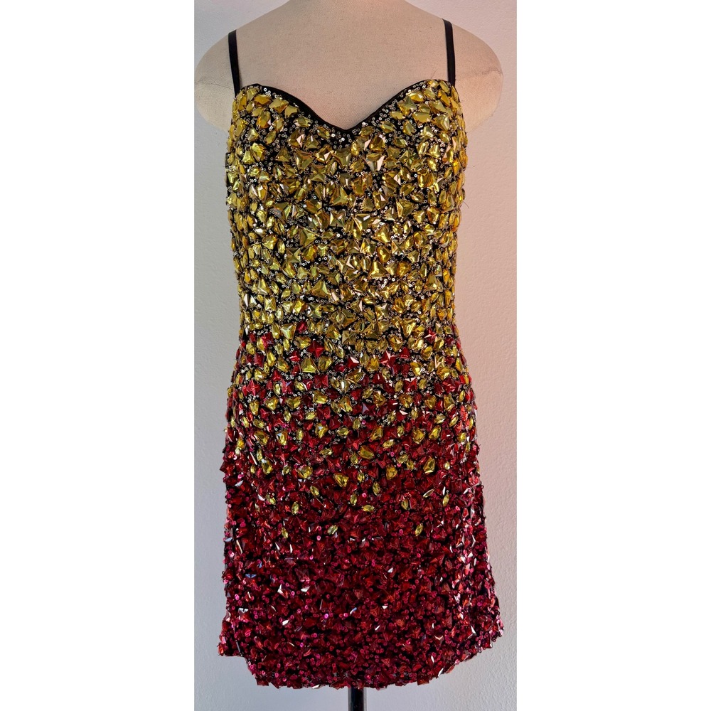 Dave & Johnny Rhinestone Embellished Mini Dress Ombre Sequin Red Yellow Hoco 7/8 - Picture 3 of 10
